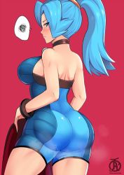 1girl ass bare_shoulders blue_eyes blue_hair blush bodysuit bracelet breasts cape clair_(pokemon) creatures_(company) from_behind game_freak holding holding_cape holding_clothes jewelry large_breasts long_hair looking_at_viewer looking_back nintendo pokemon pokemon_hgss ponytail revolverwing shiny_clothes shiny_skin sideboob solo steam unitard rating:Questionable score:91 user:armorcrystal