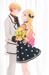  1boy 1girl 2_(tsvf3235) alternate_hairstyle blonde_hair blush bouquet bow choker closed_mouth coat collared_shirt commentary flower gradient_hair hair_between_eyes hair_bow hands_on_another&#039;s_waist highres holding holding_bouquet jacket long_hair long_sleeves multicolored_hair open_mouth orange_eyes orange_hair orange_shirt pink_hair polka_dot polka_dot_skirt project_sekai shirt short_hair skirt smile symbol-only_commentary tenma_saki tenma_tsukasa yellow_eyes 
