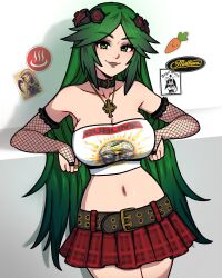  1girl akairiot bare_shoulders black_eyeshadow black_lips breasts commentary english_commentary eyeshadow fishnet_armwear fishnets goth_fashion green_eyes green_hair highres jewelry kid_icarus kid_icarus_uprising large_breasts long_hair looking_at_viewer makeup midriff navel nintendo palutena ring solo very_long_hair 