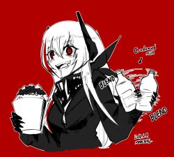  1girl @_@ arrow_(symbol) artist_name bandana_around_neck blending blush bottle breasts bucket check_food clip_studio_paint_(medium) commentary condensed_milk dated drooling english_commentary english_text fangs food girls&#039;_frontline hair_between_eyes headgear holding holding_bottle jacket long_hair m4_sopmod_ii_(girls&#039;_frontline) madcore mechanical_hands medium_breasts motion_lines multicolored_hair open_mouth red_background red_eyes red_hair shaking shaved_ice simple_background smile solo sound_effects streaked_hair teeth upper_body very_long_hair zipper 