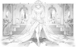  1girl altar blush bouquet breasts cleavage collarbone crossed_legs curly_hair dress flower gloves greyscale highres indoors looking_at_viewer mogudan monochrome one-punch_man petals short_hair small_breasts smile solo standing straight-on strapless strapless_dress tatsumaki thick_thighs thighhighs thighs watson_cross wedding_dress white_gloves white_thighhighs  rating:Sensitive score:107 user:danbooru