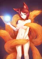 1girl ahri_(league_of_legends) alternate_hair_color animal_ears braid breasts breasts_apart choker collarbone covering_privates covering_breasts covering_crotch embers energy_ball facial_mark fox_ears fox_tail foxfire_ahri glowing groin heart highres large_breasts league_of_legends light_smile long_hair looking_at_viewer magic multiple_tails navel nude parted_bangs red_hair ricegnat simple_background single_braid smile solo standing tail tail_censor whisker_markings yellow_eyes rating:Questionable score:264 user:danbooru
