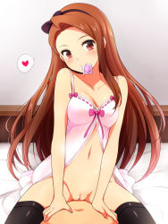 1boy 1girl arm_support babydoll black_thighhighs blush bottomless bow breasts brown_eyes brown_hair chemise condom condom_in_mouth condom_wrapper girl_on_top hairband hands_on_stomach heart highres idolmaster idolmaster_(classic) kuruto long_hair looking_at_viewer medium_breasts minase_iori mouth_hold navel neko_kuruto on_bed pussy seductive_smile smile solo_focus spoken_heart straddling thighhighs uncensored very_long_hair rating:Explicit score:308 user:danbooru