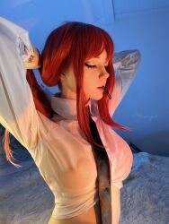  1girl arm_tattoo artist_name astasiangel blue_background breasts carpet chainsaw_man closed_eyes cosplay head_grab large_breasts makima_(chainsaw_man) necktie nipples_through_clothes real_life red_hair tattoo wet wet_clothes 