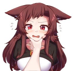  1girl 1other animal_ears blush breasts brooch brown_hair collarbone commentary cropped_arms cropped_torso english_commentary fang flying_sweatdrops imaizumi_kagerou jewelry looking_at_viewer meme open_mouth pov_cheek_grabbing_(meme) red_eyes simple_background solo_focus tears touhou upper_body wolf_ears wool_(miwol) 