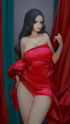  1girl 2021 absurdres arm_up b.bor black_hair blue_eyes breasts cleavage curtains hand_on_own_hip highres large_breasts long_hair looking_at_viewer original red_curtains solo standing  rating:Sensitive score:24 user:danbooru