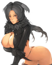  1girl bad_id bad_pixiv_id black_hair breast_hold breasts cleavage_cutout clothing_cutout heart large_breasts leotard lips long_hair original panties revision simple_background smile solo take_no_ko_(dodon) thong thong_leotard underwear white_background  rating:Questionable score:65 user:danbooru