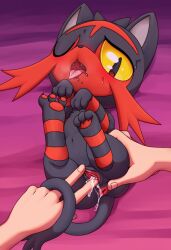 1girl animal_focus anus bad_furaffinity_id bad_id bed_sheet bestiality black_eyes blush breath cat claws clitoris colored_sclera creatures_(company) disembodied_hand drooling fangs female_focus fingering full_body game_freak gen_7_pokemon highres legs_up litten looking_at_viewer lying navel nintendo nose_blush on_back one_eye_closed open_mouth pawpads pokemon pokemon_(creature) pov purple_background pussy pussy_juice saliva solo_focus spread_pussy stoic5 sweat toe_scrunch tongue tongue_out wince yellow_sclera rating:Explicit score:44 user:AngryZapdos