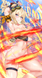  1girl absurdres arm_scarf arm_under_breasts arm_up armpits bangs bare_shoulders bennett_(genshin_impact) bennett_(genshin_impact)_(cosplay) black_bow blonde_hair blue_eyes blush bow breasts closed_mouth collarbone commentary_request convenient_censoring cosplay cowboy_shot elbow_gloves eyebrows_visible_through_hair fire frown gauntlets genshin_impact gloves goggles goggles_on_head groin hair_between_eyes hair_bow highres holding holding_sword holding_weapon jean_gunnhildr_(genshin_impact) large_breasts long_hair looking_at_viewer navel nez-box nude ponytail sidelocks signature skindentation solo standing standing_on_one_leg sword thigh_strap vision_(genshin_impact) weapon 