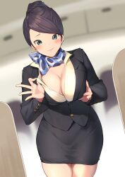  1girl aircraft airplane airplane_interior black_hair black_skirt blazer blurry blush breast_hold breasts cleavage closed_mouth clothes_pull commentary_request flight_attendant formal green_eyes hair_up handkerchief hat highres itohana jacket large_breasts leaning_forward legs_together looking_at_viewer motion_lines office_lady original pencil_skirt scarf shirt_pull short_hair skirt skirt_set skirt_suit solo standing suit swept_bangs thighs travel_attendant uniform updo 