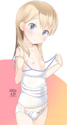  1girl bare_arms bare_shoulders blonde_hair blue_eyes bow bow_panties breasts camisole closed_mouth collarbone cowboy_shot dated gradient_background hair_between_eyes hands_up highres loli long_hair looking_at_viewer nipples original panties pink_background signature small_breasts smile solo standing strap_pull underwear white_background white_camisole white_panties yellow_background yone_kinji  rating:Questionable score:9 user:danbooru