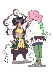  1boy 1girl :p abs armor arms_at_sides barefoot black_hair black_jacket black_pants black_skirt braid closed_mouth colored_sclera demon_boy demon_slayer_uniform detached_collar drum dual_wielding facing_another forked_eyebrows full_body green_hair green_thighhighs hair_ornament hair_over_shoulder hand_up height_difference holding holding_weapon hoop horns index_finger_raised instrument jacket kanroji_mitsuri katana kimetsu_no_yaiba legs_together long_hair long_sleeves looking_at_another miniskirt mole mole_under_eye multicolored_hair navel oni pants pink_hair pleated_skirt pointy_ears red_sclera ribbed_thighhighs sash scolding short_hair shrug_(clothing) simple_background skirt skirt_set spiked_hair standing sword syorororo tassel tassel_hair_ornament text_in_eyes thighhighs toenails toned toned_male tongue tongue_out two-tone_hair veins waraji weapon white_background white_jacket wrists_extended yellow_eyes zettai_ryouiki zohakuten_(kimetsu_no_yaiba) 