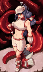 1girl absurdres arm_warmers axe baseball_cap breasts closed_mouth commentary_request crop_top full_body grey_hair hair_between_eyes hat high_ponytail highres holding holding_axe large_breasts long_bangs long_hair looking_at_viewer low-tied_long_hair midriff monster navel odoro_(nicoseiga81184094) orange_eyes original red_socks shirt shoes shorts sidelocks sleeveless sleeveless_shirt socks solo standing tongue tongue_out white_footwear white_shirt white_shorts 