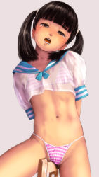 1girl arms_behind_back bikini bikini_under_clothes black_hair blush breasts brown_eyes crotch_rub female_focus female_masturbation grey_background groin head_tilt highres loli long_hair looking_at_viewer masturbation moaning navel no_pants open_mouth original popopon school_uniform see-through serafuku shirt short_sleeves simple_background small_breasts solo straddling striped_bikini striped_clothes swimsuit tears thighs twintails white_shirt rating:Explicit score:225 user:danbooru