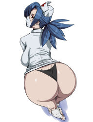 1girl ass backboob blue_hair breasts from_above from_behind hat huge_ass large_breasts leaning leaning_forward long_hair looking_back mask ml nurse nurse_cap ponytail red_eyes shiny_skin skullgirls solo thong valentine_(skullgirls) rating:Questionable score:94 user:armorcrystal
