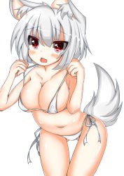  1girl animal_ears bare_shoulders bikini blush breasts cleavage collarbone fang heart heart-shaped_pupils highres inubashiri_momiji large_breasts looking_at_viewer micro_bikini mutou_mame navel open_mouth red_eyes silver_hair simple_background solo swimsuit symbol-shaped_pupils tail touhou white_background wolf_ears wolf_tail  rating:Sensitive score:15 user:danbooru