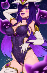  1girl blurry breasts elbow_gloves facial_mark gem gloves hair_over_one_eye headgear highres league_of_legends lips long_hair medium_breasts parted_lips purple_eyes purple_hair purple_lips pussy shiny_skin signature smile solo sparkle star_(sky) star_(symbol) star_guardian_(league_of_legends) star_guardian_syndra starry_background syndra white_gloves white_headwear xinaelle 