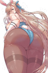 1girl animal_ears ass asuna_(blue_archive) asuna_(bunny)_(blue_archive) back bare_shoulders blue_archive blue_eyes blue_leotard blush breasts brown_pantyhose elbow_gloves fake_animal_ears gloves hair_over_one_eye highleg highleg_leotard highres large_breasts leotard light_brown_hair long_hair looking_at_viewer looking_back pantyhose playboy_bunny rabbit_ears rabbit_tail solo tail thighband_pantyhose thighs wakura_(gcdan) white_gloves rating:Sensitive score:62 user:danbooru