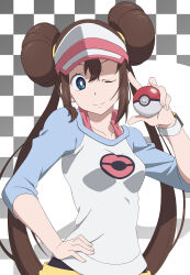  1girl ;) breasts bright_pupils brown_hair closed_mouth commentary_request creatures_(company) double_bun eyelashes game_freak gensei00 hair_bun hand_on_own_hip hand_up highres holding holding_poke_ball long_hair medium_breasts nintendo one_eye_closed poke_ball poke_ball_(basic) pokemon pokemon_bw2 raglan_sleeves rosa_(pokemon) shirt smile solo twintails visor_cap white_pupils 