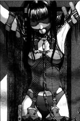  1girl armpits arms_up ball_gag bdsm black_hair blindfold bondage bound chain collar corset gag gagged garter_belt garter_straps goth_fashion in_container isolation leash long_hair monochrome oiwa_kenji panties sensory_deprivation solo standing straight_hair strap underwear  rating:Questionable score:74 user:Dandy8