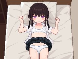  1girl :&lt; animated animated_gif bar_censor bed bedroom black_hair black_socks blue_skirt blush bow bow_panties bra breasts censored cleft_of_venus closed_mouth clothes_lift commentary curled_fingers dress_shirt feet_out_of_frame female_focus from_above groin hands_up indoors loli long_hair looking_at_viewer lying m_legs narrowed_eyes naughty_face nipples no_entity on_back on_bed open_clothes open_shirt original panties panty_pull parted_lips pillow pixel_art plaid plaid_skirt pleated_skirt polka_dot polka_dot_bra purple_eyes pussy raised_eyebrows shirt sidelocks skirt small_breasts socks solo spread_legs training_bra twintails underwear w_arms white_bra white_panties white_shirt wide_spread_legs  rating:Explicit score:319 user:danbooru