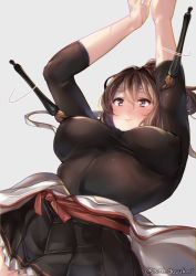1girl bad_id bad_twitter_id black_skirt blush breasts brown_eyes brown_hair closed_mouth from_below grey_background headband ise_(kancolle) ise_kai_ni_(kancolle) japanese_clothes juurouta kantai_collection kimono large_breasts long_hair looking_at_viewer miniskirt no_bra ponytail simple_background skirt solo twitter_username rating:Questionable score:10 user:danbooru