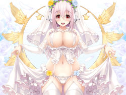 1girl blush breasts cowboy_shot feathers flower flower_wreath garter_straps gluteal_fold groin headphones highres holding large_breasts legs lingerie long_hair looking_at_viewer navel nitroplus open_mouth panties pink_hair red_eyes smile solo standing super_sonico thighhighs thighs underwear v-mag veil white_thighhighs rating:Sensitive score:42 user:Ynyswydryn