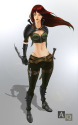  1girl 3li armor dagger female_focus full_body greaves highres katarina_(league_of_legends) knife league_of_legends looking_at_viewer navel red_hair scar shadow solo standing sword weapon  rating:Questionable score:8 user:3lialqaysi