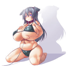  1girl animal_ears artist_request between_breasts bikini grabbing_another&#039;s_breast breast_lift breast_suppress breasts cleavage collar curvy animal_collar dog_ears dog_girl frown grabbing grey_hair huge_breasts leash long_hair micro_bikini navel purple_eyes sad simple_background sitting skull_and_crossbones solo source_request swimsuit underboob  rating:Questionable score:18 user:Really_Some