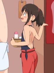 1boy 1girl :d apron bare_back basket blush brown_eyes brown_hair bubukka carrying commentary_request flat_chest hetero looking_at_another naked_apron ogino_chihiro open_mouth sen_to_chihiro_no_kamikakushi short_hair size_difference smile rating:Sensitive score:172 user:danbooru