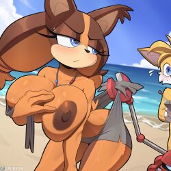  1boy_1girl 2023 absurdres animal_ears ass bad_tag badger badger_ears badger_girl badger_tail beach beach_background blue_eyes blush breasts breasts_out brown_fur cooliehigh dark_nipples dark_skin eyelashes fox fox_ears fox_tail furry furry_female furry_male gloves grey_shorts hand_on_own_breast highres jewelry large_breasts looking_at_viewer looking_back machine necklace nipples ocean pulling_shorts sand sega shorts sonic_(series) sonic_boom_(series) sticks_the_badger sweat tail tails_(sonic) thick_thighs thighs water wide_hips yellow_fur 