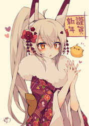 &gt;_&lt; 1girl ahoge animal ayanami_(azur_lane) azur_lane bad_id bad_pixiv_id bird blush bow chick closed_eyes commentary_request fingernails floral_print fur_collar hair_between_eyes hair_bow hair_ornament hairclip hands_up headgear heart high_ponytail highres interlocked_fingers japanese_clothes kimono light_brown_hair long_hair long_sleeves muuran new_year orange_eyes parted_lips ponytail print_kimono red_bow red_kimono signature solo translation_request very_long_hair wide_sleeves rating:Sensitive score:3 user:danbooru