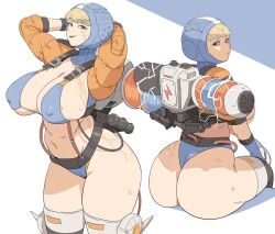  1girl apex_legends areola_slip arms_behind_head ass bikini blonde_hair blue_eyes blue_headwear breasts female_focus huge_ass huge_breasts lichtenberg_figure looking_at_viewer looking_back navel scar scar_on_ass scar_on_chest scar_on_face sitting smile solo standing sweat sweatdrop swimsuit wattson_(apex_legends) yuta_agc  rating:Questionable score:31 user:Gerti_