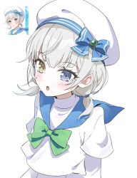  1girl bang_dream! bang_dream!_it&#039;s_mygo!!!!! blue_bow blue_eyes blue_sailor_collar blush bow bowtie commentary green_bow green_bowtie ground_pound_(gupaaaa) hashtag-only_commentary hat hat_bow heterochromia highres kaname_raana looking_at_viewer official_alternate_hairstyle official_art_inset open_mouth sailor_collar school_uniform serafuku shirt short_twintails simple_background solo twintails upper_body white-framed_eyewear white_background white_hat white_shirt yellow_eyes 