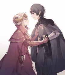  1boy 1girl black_gloves bridal_gauntlets byleth_(fire_emblem) byleth_(male)_(fire_emblem) cloak commentary_request double_bun dress edelgard_von_hresvelg fire_emblem fire_emblem:_three_houses gloves hair_bun hand_on_another&#039;s_chest hetero holding_hands horn_ornament horns ichi_(dndk01) looking_at_another nintendo red_bridal_gauntlets red_cloak red_dress short_hair white_hair 