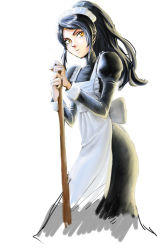  1girl alternate_costume apron bad_id bad_pixiv_id black_hair bloom broom enmaided french_maid_nidalee highres league_of_legends long_hair maid maid_apron maid_headdress nidalee ponytail sheep_(yangdor) simple_background solo white_background yellow_eyes 