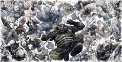  6+boys 6+girls black_gloves black_hair black_jacket black_mask black_pants black_sleeves blonde_hair blue_eyes blue_jacket blue_pants blue_shirt blue_sleeves breasts brown_footwear character_request cleavage clenched_teeth clothes_lift coattails collared_shirt commentary_request dog_boy dorohedoro dragon_wings dual_wielding everyone eyelashes fingernails food full_body furry furry_male gas_mask gloves grey_gloves grey_tank_top hand_on_another&#039;s_shoulder head_wings highres holding holding_plate holding_scythe holding_sword holding_weapon hood hood_up hooded_jacket jacket jacket_lift knee_pads lab_coat leather leather_jacket long_hair long_sleeves long_tongue looking_at_viewer mask multiple_boys multiple_girls open_clothes open_jacket open_mouth pants plate red_hair scythe shirt shoes short_ponytail short_sleeves smile spikes sword tank_top teeth tongue u_u_ki_u_u upper_teeth_only weapon white_background white_hair white_shirt white_sleeves wings 