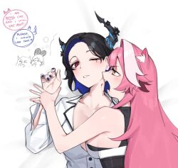  2girls animal_ears asymmetrical_horns bite_mark bite_mark_on_neck biting black_hair blood blue_hair blush breasts colored_inner_hair commentary dasdokter demon_horns english_commentary english_text highres hololive hololive_english horns long_hair lying mole mole_under_eye multicolored_hair multiple_girls neck_biting nerissa_ravencroft nerissa_ravencroft_(casual) official_alternate_hairstyle on_back one_eye_closed open_mouth panther_ears panther_girl pink_hair raora_panthera red_eyes short_hair speech_bubble streaked_hair two-tone_hair uneven_horns virtual_youtuber yellow_eyes yuri 