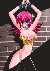  1girl against_wall aqua_eyes aqua_hair arms_up bottomless bound bound_wrists breasts brick_wall bright_pupils chain chained chained_wrists cowboy_shot flipped_hair kimura_takahiro large_breasts long_hair looking_at_viewer navel nipple_slip nipples nude official_art photoshop_(medium) pink_hair raika_grace restrained ringed_eyes solo standing sweat viper viper_f40 wristband  rating:Questionable score:13 user:danbooru