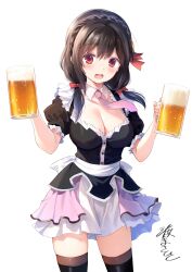  1girl absurdres alcohol beer beer_mug black_hair black_thighhighs blush bow braid breasts brown_hair cleavage commentary cowboy_shot crown_braid cup english_commentary hair_bow hair_ornament highres holding holding_cup kono_subarashii_sekai_ni_shukufuku_wo! large_breasts long_hair looking_at_viewer low_twintails maid mug necktie pink_necktie puffy_short_sleeves puffy_sleeves red_bow red_eyes second-party_source short_sleeves signature simple_background solo standing thighhighs tongue twintails watari_masahito white_background yunyun_(konosuba) zettai_ryouiki 