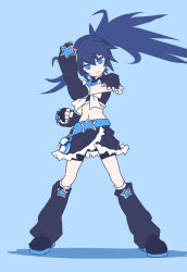  1girl 32zzz black_arm_warmers black_hair black_rock_shooter black_rock_shooter_(character) black_shorts black_skirt blue_background blue_eyes bow character_request check_character commentary_request cosplay cure_black cure_black_(cosplay) detached_sleeves earrings fingerless_gloves frilled_shirt frilled_skirt frills futari_wa_precure gloves hair_between_eyes highres jewelry long_sleeves magical_girl midriff navel precure shirt shorts skirt solo star_(symbol) star_earrings twintails uneven_twintails white_bow 