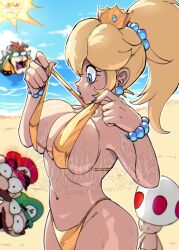  1girl 4boys angry_sun azure_nimbus beach bikini blonde_hair blue_eyes bowser breasts cleavage crown day earrings facial_hair hat highres jewelry large_breasts looking_at_another luigi mario mario_(series) multiple_boys mustache navel nintendo princess_peach red_hair standing sweat swimsuit thighs toad_(mario) water wet 