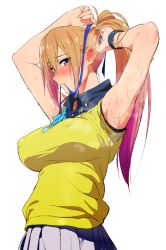 10s 1girl adjusting_hair armpits blonde_hair blush breasts covered_erect_nipples gradient_hair hair_ribbon highres ishii_takamori kawakami_mai large_breasts looking_at_viewer mole mole_under_eye mouth_hold multicolored_hair musaigen_no_phantom_world pink_hair purple_eyes ribbon side_ponytail sketch smell solo sweat sweat_stain tying_hair rating:Questionable score:117 user:danbooru