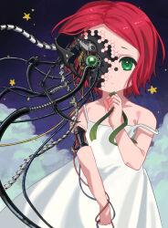  1girl absurdres android artificial_eye broken_skin cable claws cloud damaged dress finger_ribbon floating_hair green_eyes green_ribbon highres holding holding_cable honeycomb_(pattern) kinako_marumaru looking_at_viewer mechanical_eye mechanical_parts original parted_lips purple_background red_hair ribbon short_hair sleeveless sleeveless_dress solo spaghetti_strap star_(symbol) starry_background strap_slip tendril white_dress 