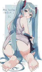 1girl absurdres ass bare_legs barefoot blue_background blue_eyes blue_hair blue_nails blush border feet from_behind grey_shirt hair_ornament hasei_(hasei01) hatsune_miku highres kneeling long_hair looking_at_viewer looking_back nail_polish open_mouth panties shirt sleeveless sleeveless_shirt soles solo striped_clothes striped_panties toes twintails twitter_username underwear very_long_hair vocaloid white_border  rating:Sensitive score:8 user:danbooru