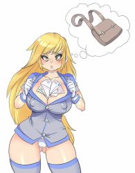 1girl between_breasts blonde_hair blush breasts cleavage contrapposto cross-eyed derpy_hooves covered_erect_nipples gloves huge_breasts letter long_hair maniacpaint my_little_pony my_little_pony:_friendship_is_magic no_pants panties personification solo standing thick_thighs thighhighs thighs thought_bubble underwear white_gloves white_panties wide_hips yellow_eyes rating:Questionable score:89 user:danbooru
