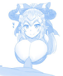 1boy 1girl aliza_(granblue_fantasy) blue_theme blush bow breasts bursting_breasts cleavage closed_mouth draph earrings ekz_(robotekz) erection framed_breasts granblue_fantasy hair_bow handsfree_paizuri headpiece heart hetero highres horns huge_breasts jewelry long_hair looking_at_viewer monochrome paizuri paizuri_over_clothes paizuri_under_clothes penis perpendicular_paizuri pointy_ears sketch smile solo_focus uncensored veins veiny_penis white_background rating:Explicit score:90 user:danbooru