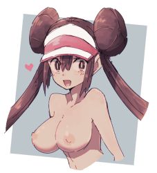  1girl bare_shoulders blue_background breasts brown_hair collarbone creatures_(company) double_bun game_freak hair_bun heart lamb-oic029 large_breasts long_hair nintendo nipples open_mouth pokemon pokemon_bw2 rosa_(pokemon) sidelocks smile solo twintails upper_body visor_cap white_background  rating:Questionable score:61 user:DarkToonLink