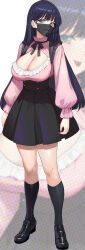  1girl absurdres aqua_eyes black_footwear black_hair black_mask black_ribbon black_skirt black_socks breasts center_frills cleavage cleavage_cutout clothing_cutout commentary_request fingernails frills full_body hair_behind_ear high-waist_skirt highres jirai_kei large_breasts loafers long_hair long_sleeves looking_at_viewer mask mouth_mask nail_polish neck_ribbon original pink_nails pink_shirt polka_dot polka_dot_background puffy_long_sleeves puffy_sleeves pupps ribbon shirt shoes simple_background skirt socks solo standing white_background zoom_layer 