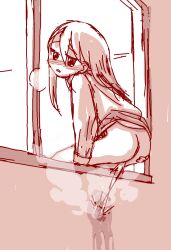 1girl ass blush breath clothes_lift dress dress_lift female_focus from_behind gouchin_(nyou-tou) loli long_hair long_sleeves looking_at_viewer looking_back monochrome peeing solo steam window rating:Questionable score:72 user:cpee